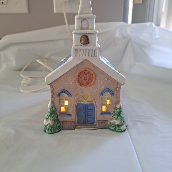 Vintage Bisque Porcelain Church – Illuminated Christmas Village House – Hand-Pai - Picture 1 of 4